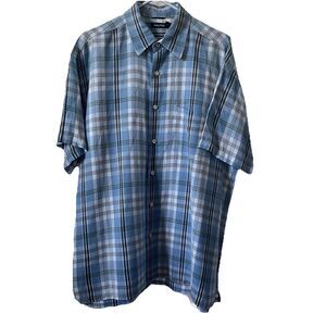 NAUTICA Men's Blue White Beige Short Sleeve Button Up Shirt Linen Rayon XL